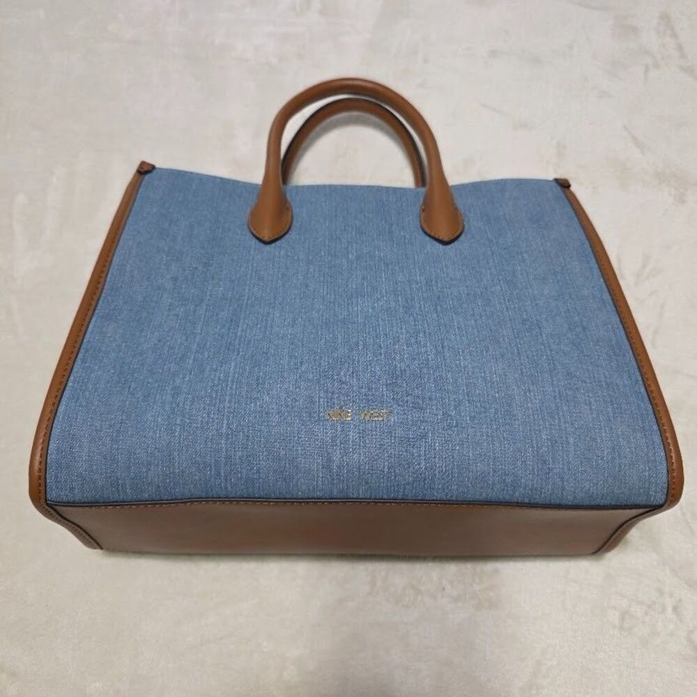 Nine West Jolene Blue Denim Tote Zip Pocket Snap Close Gold Hardware Adj Strap